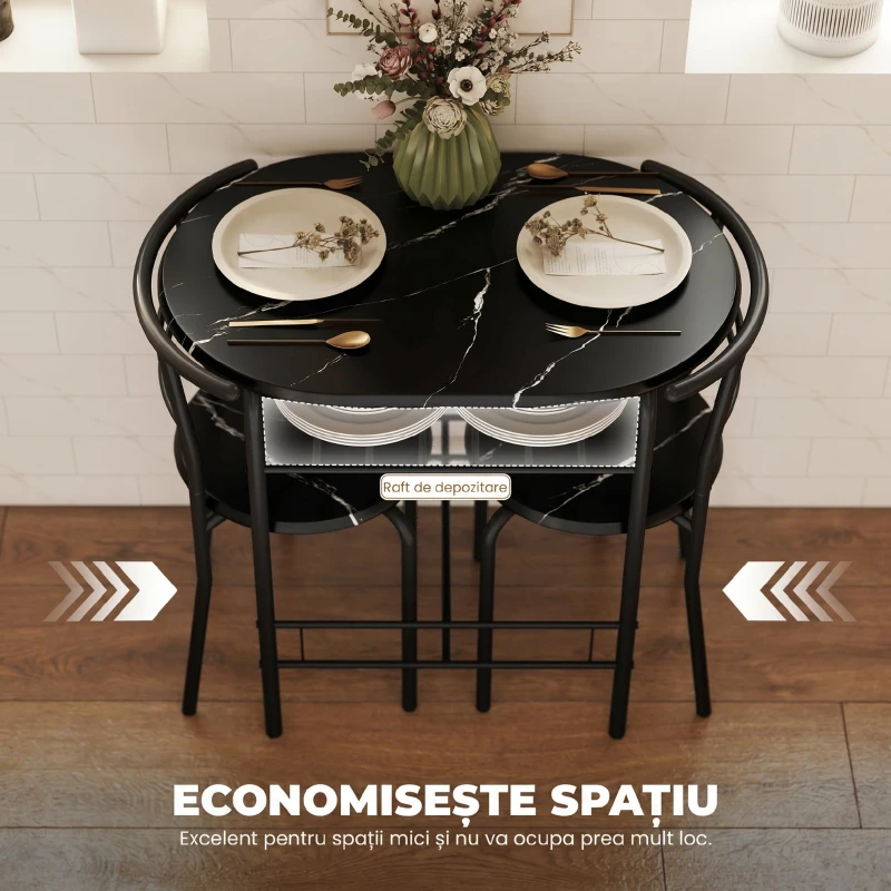 HOMCOM Set Masă Modernă cu 2 Scaune pentru Dining, Set 3 Piese Economisitoare de Spațiu, Negru