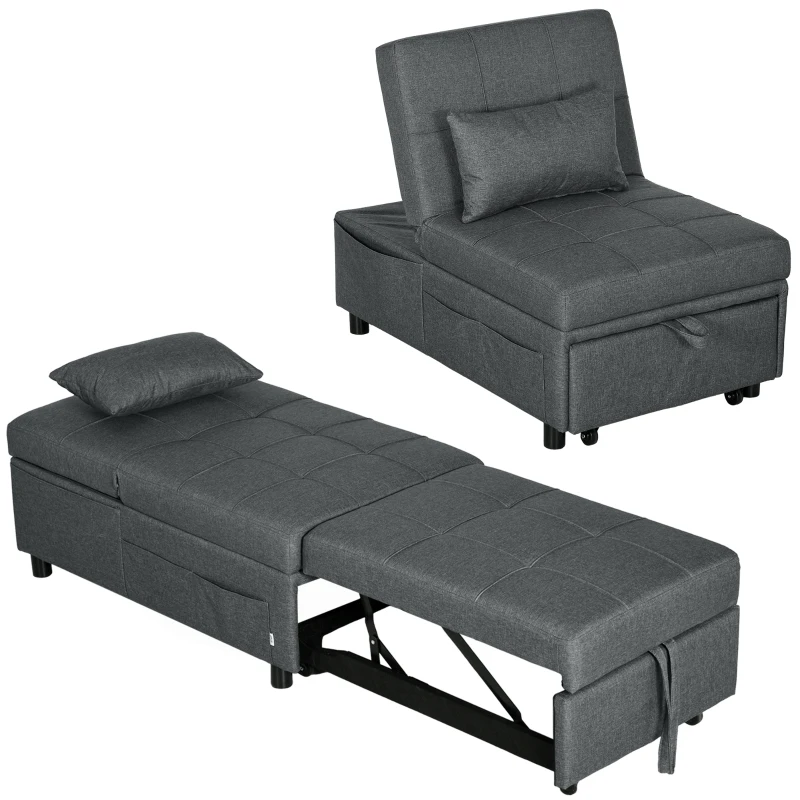 HOMCOM 4-in-1 Klappsessel mit Seitentasche, Gästebett mit Kissen, Verstellbarer Rückenlehne, Bettsessel mit Rollen, Blau