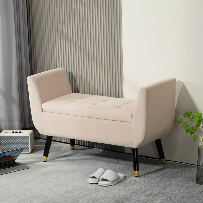 HOMCOM Polsterbank mit Stauraum, Armlehnen, Samtartiges Polyester, Kautschukholz, 107 x 42 x 65 cm, Beige