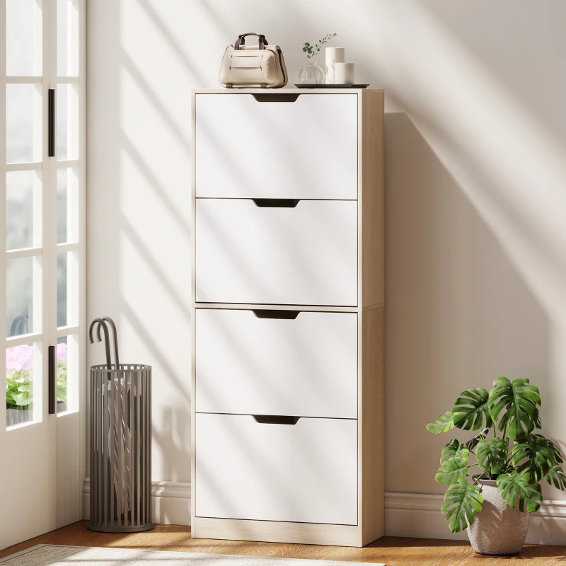 HOMCOM Dulap Subțire pentru Pantofi cu 4 Sertare pentru 20 de Perechi de Pantofi 62.5x26x156 cm, Culoare Lemn și Alb