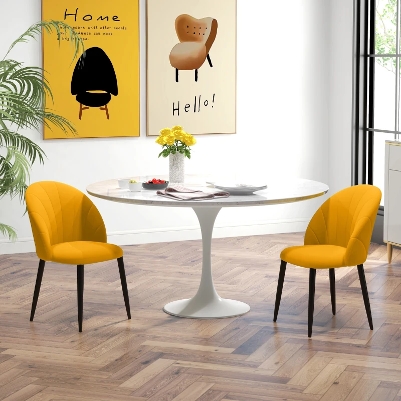 HOMCOM Set 2 Scaune de Bucătărie, Design Nordic, din Metal și Țesătură cu Aspect Catifea, 52x54x79 cm, Galben și Negru,