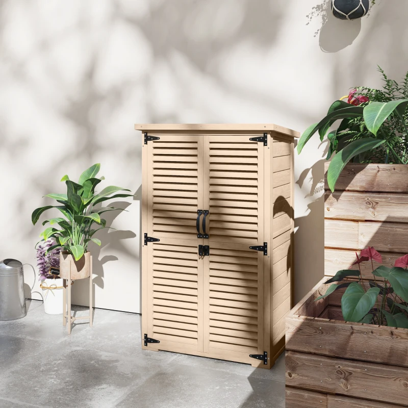 Outsunny Armadio da Esterno Portaoggetti a 2 Ripiani con Picchetti, in Legno di Abete, 75x50x111/118 cm
