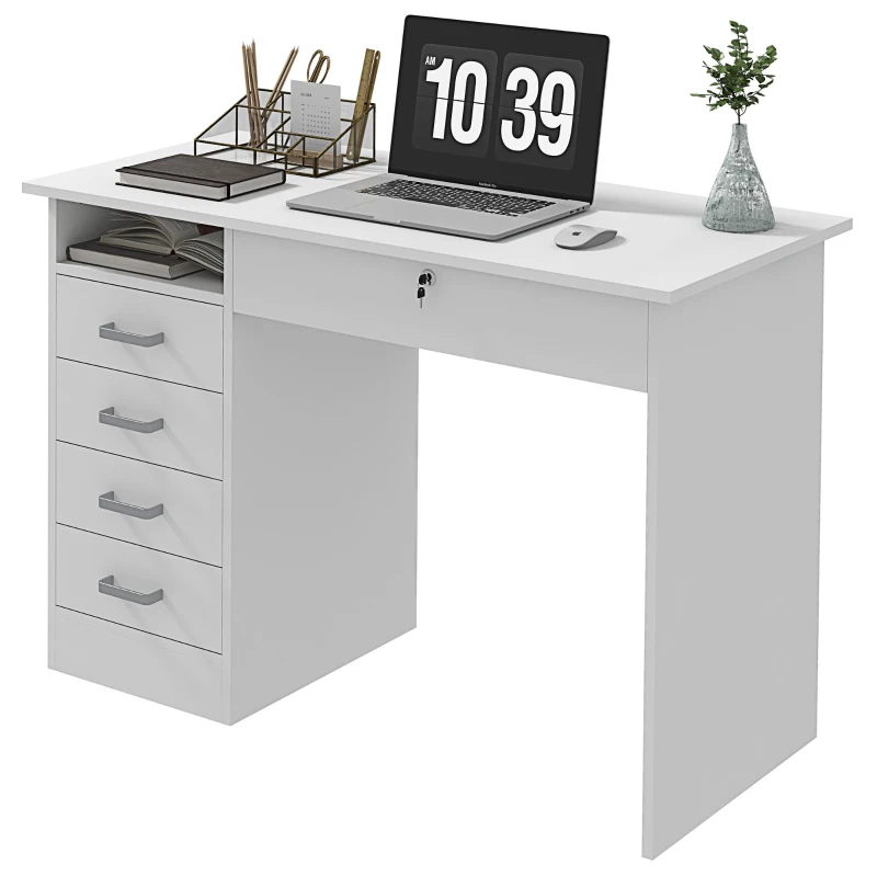 HOMCOM Birou modern cu 5 sertare și compartiment deschis cu încuietoare și 2 chei, 110x50x76cm, alb(m-12)