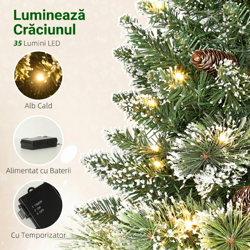 HOMCOM Pom de Crăciun Mic Înalt 60 cm cu 35 Lumini LED Albe, 64 Crengi Ignifuge cu Conuri, Verde