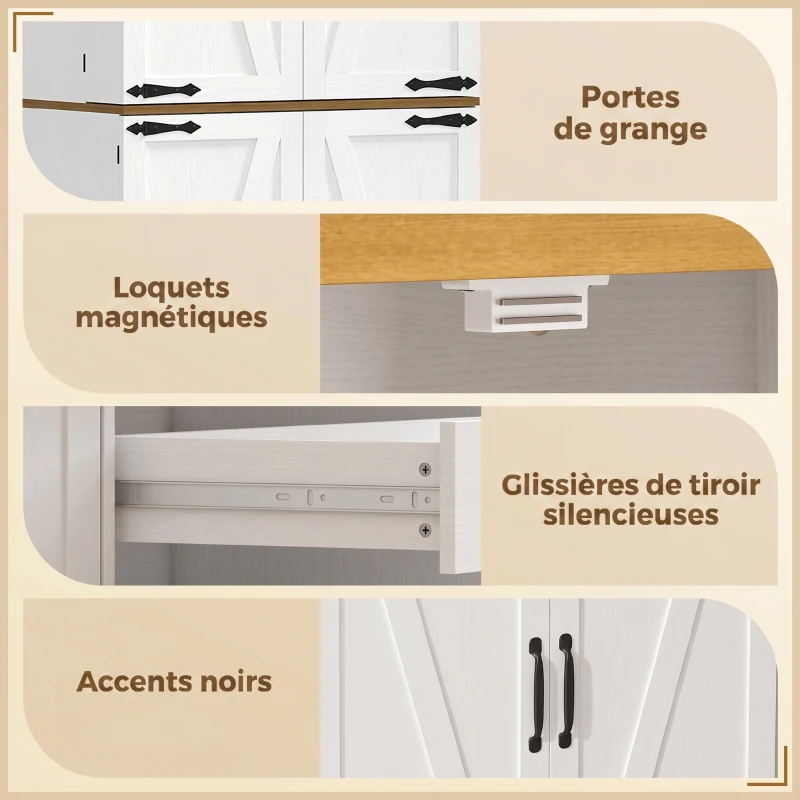 HOMCOM Buffet haut cuisine, armoire de cuisine, 4 portes, 3 tiroirs, 8 porte-racks et étagères réglables, 76x40x182cm, blanc
