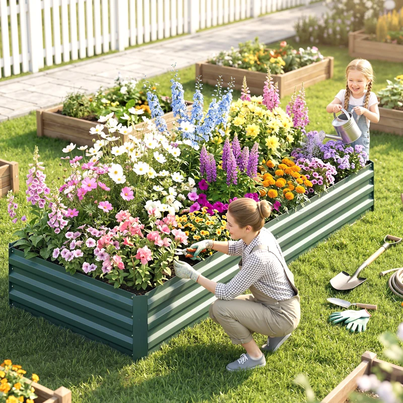 Outsunny Letto per Orto Rialzato in Metallo da Esterno, Portapiante per Fiori ed Erbe, 241x90,5x30cm