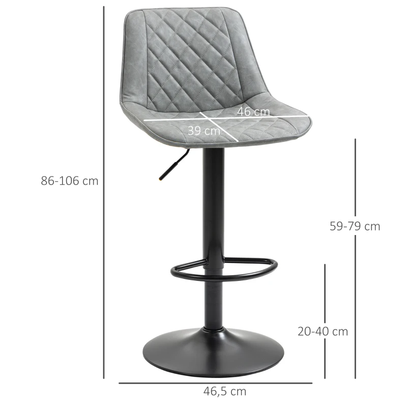 HOMCOM Conjunto de Bancos de Bar Estofados em PU Bancos Altos de Sala de Jantar com Altura Ajustável 46,5x51x86-106 cm Cinzento