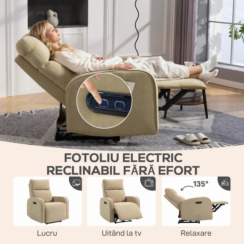 HOMCOM Fotoliu Reclinabil Electric din Catife cu Suport pentru Picioare, Tetieră Reglabilă și Porturi, 80x93x103 cm, Bej