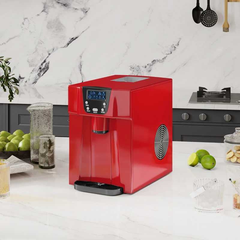 HOMCOM 3L Ice Maker Machine and Water Dispenser, 12kg in 24H, 2 Sizes 9 Ice Cubes Ready in 6-10 Mins Ice Machine, Red