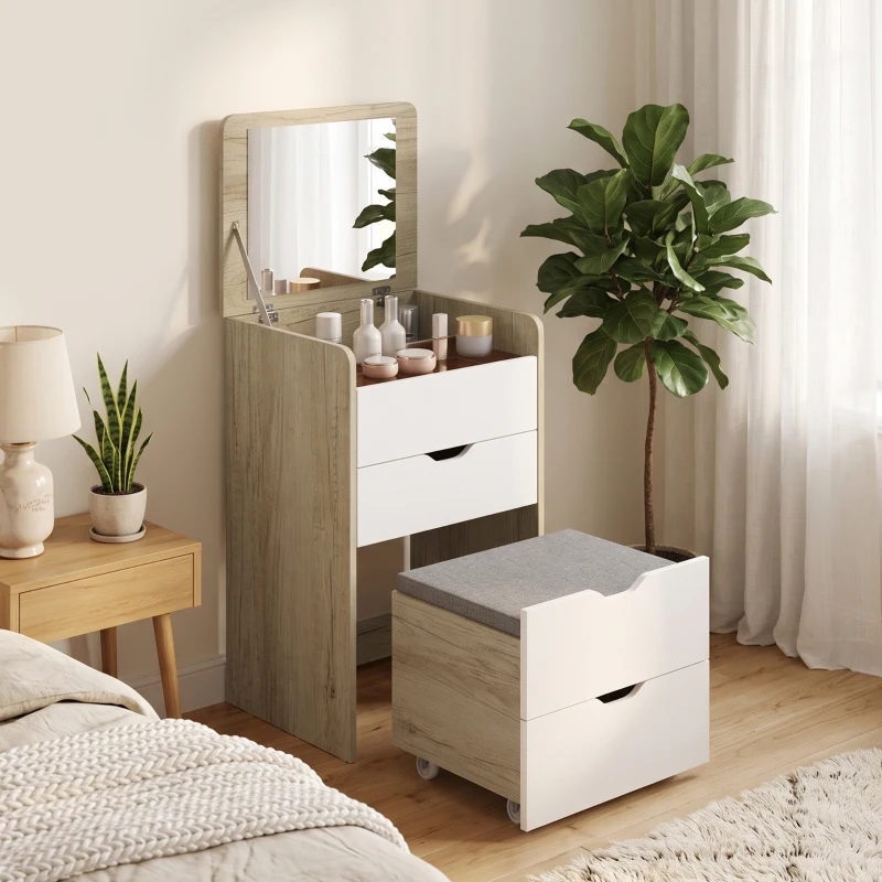 HOMCOM Coiffeuse avec miroir rabattable et tabouret de rangement, table de maquillage, 2 tiroirs, siège rembourré, chêne blanc
