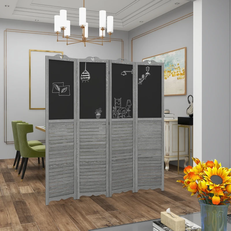 HOMCOM Biombo Separador de Ambientes Dobrável de 4 Painéis de Madeira com Quadros 162x172 cm Cinzento