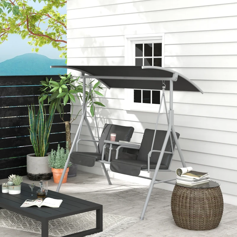 Outsunny Dondolo 2 Posti con Tavolino e Portabicchieri, in Metallo e Poliestere, 175x110x165 cm, Grigio
