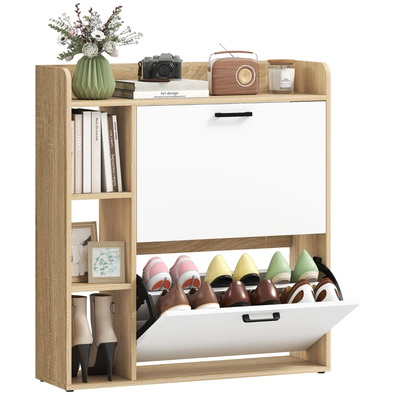 HOMCOM Dulap Slim pentru Pantofi cu 2 Sertare Rabatabile și 3 Compartimente, Capacitate 15 Perechi, 83x24x90,5 cm, Lemn și Alb