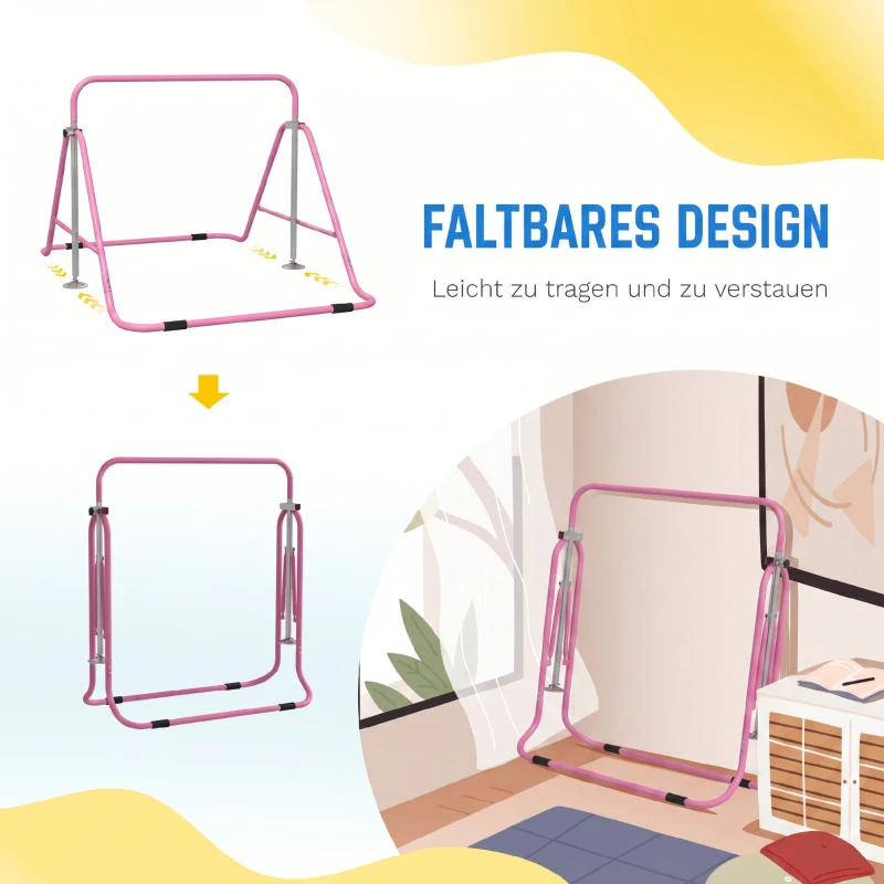 HOMCOM Bară de tracțiuni pliabilă pentru copii 3-8 ani, cu înălțime reglabilă din oțel, 154x106.2x88.5-128.5cm, roz