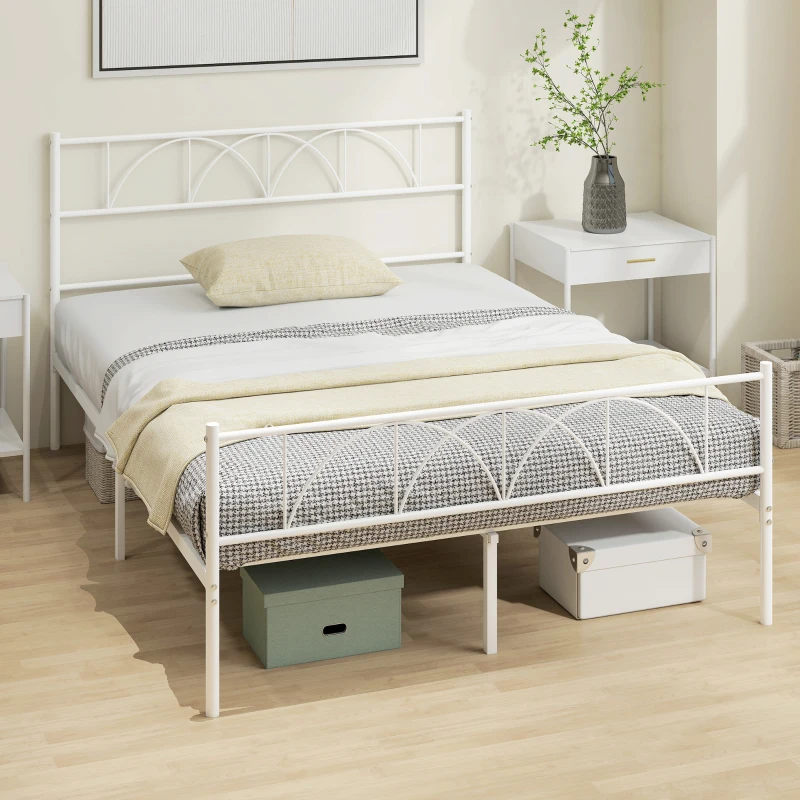 HOMCOM Cama de Casal com Cabeceira de Ripas de Aço e Espaço de Arrumação Debaixo da Cama Carga 330 kg 141,5x198x98 cm Branca