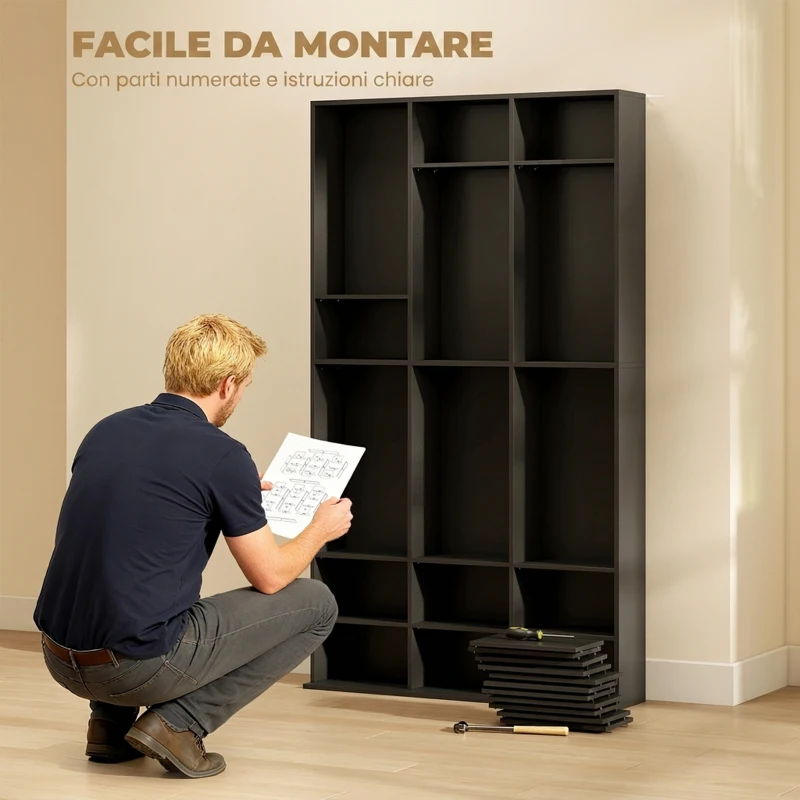 HOMCOM Mobile Porta CD a 9 Ripiani con 21 Ripiani, Scaffale Porta 835 CD/500 DVD/640 Blu-ray Salvaspazio, 100x24x175 cm, Nero