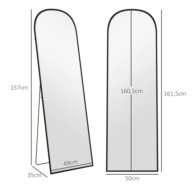 HOMCOM Specchio da Terra e Parete Moderno in Lega di Alluminio con Supporto Pieghevole, 50x161.5cm, Nero