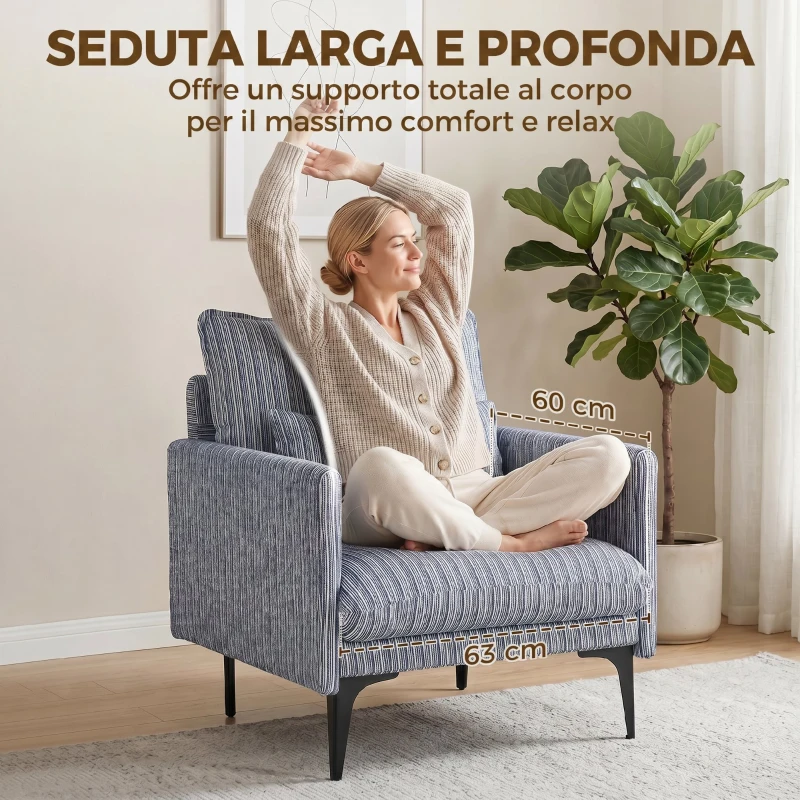 HOMCOM Poltrona Salotto Imbottita in Tessuto Effetto Lino con Braccioli, Cuscino Lombare e Seduta Ampia, Blu