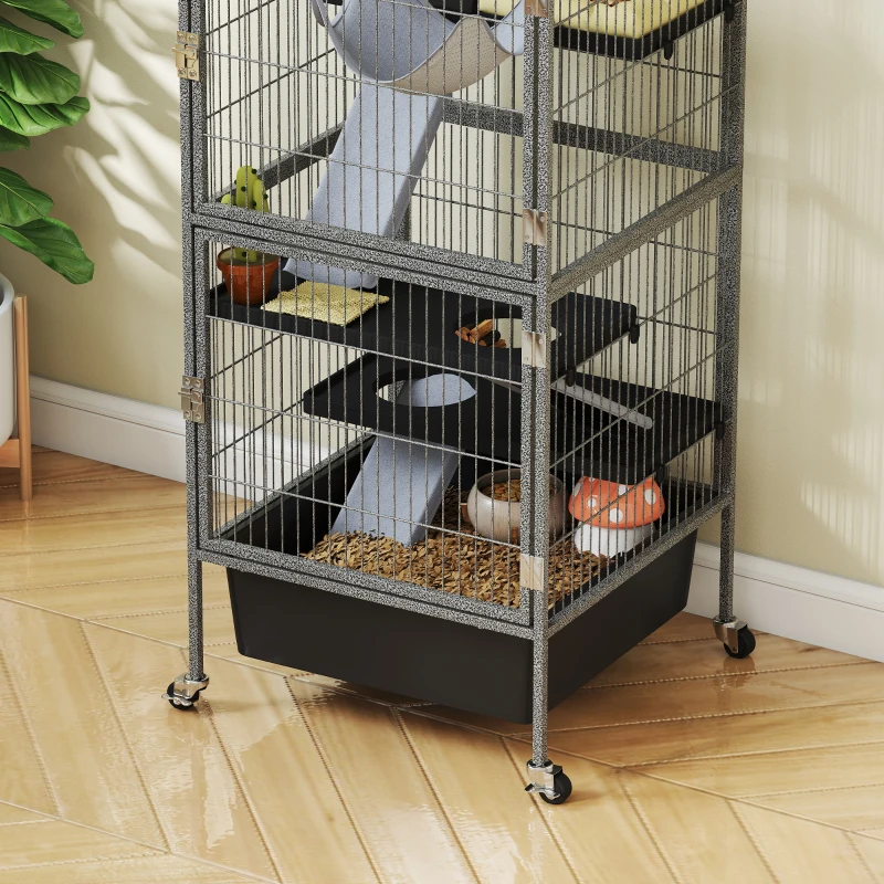 PawHut Gaiola para pequenos animais 4 andares com bandeja elevável Rampas Rede Rodízios Plataformas 52x52x115 cm Cinza