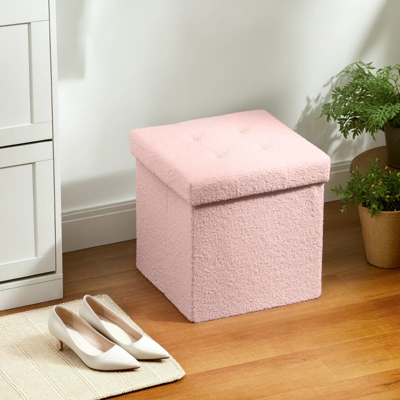 HOMCOM Foldable Sherpa Fleece Storage Ottoman - Pink