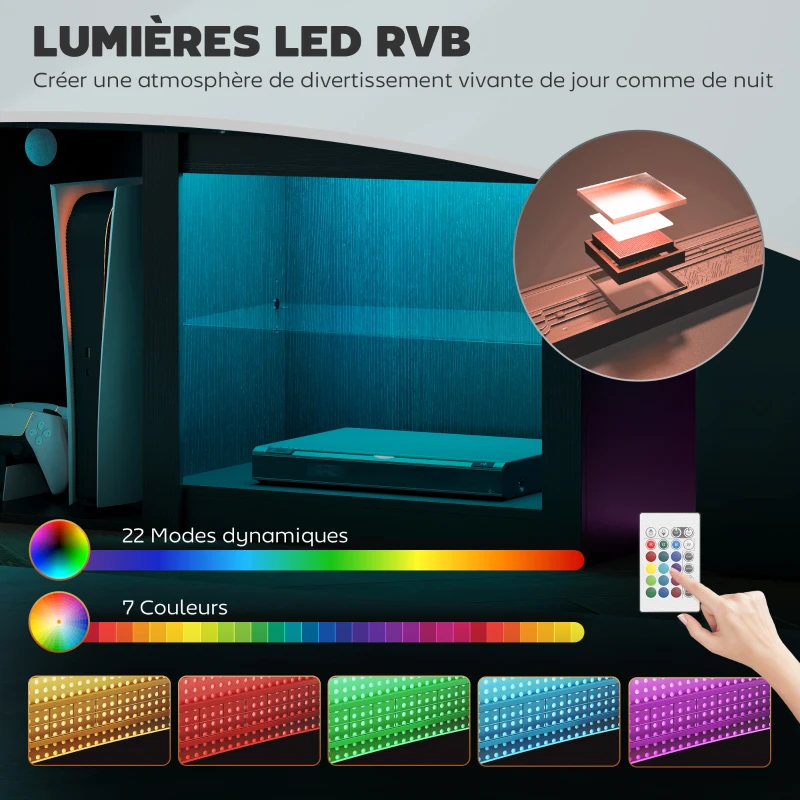 HOMCOM Meuble TV avec éclairage LED pour télévision jusqu'à 70 pouces, 160cm avec étagères en verre réglables, noir