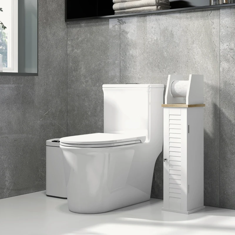 kleankin Mobile Bagno Porta Carta Igienica Salvaspazio con Armadietto e Mensola Regolabile, 18x20x80 cm, Bianco