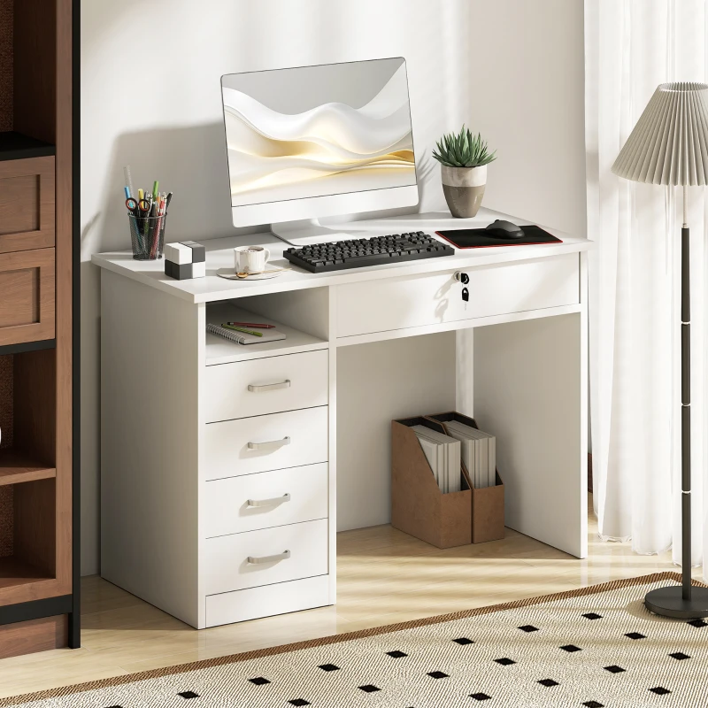 HOMCOM Scrivania per Camera o Ufficio in Legno con 2 Cassetti e 2 Chiavi, 110x50x76cm - Bianco