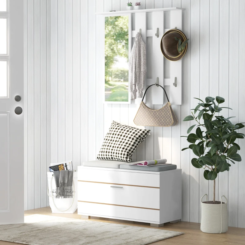 HOMCOM Set Mobilier pentru Hol cu Cuier, Oglindă, Bancă cu Pernă și Dulap pentru Pantofi pentru 8 Perechi, Alb(m-10)