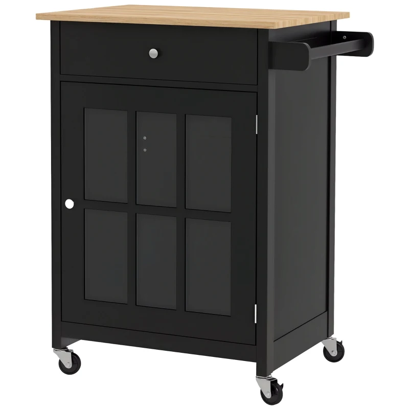HOMCOM Căruț de Bucătărie cu Sertar, Dulap Reglabil și Suport pentru Prosoape, din Lemn, 67x48x86,5 cm, Negru și Stejar(m-11)