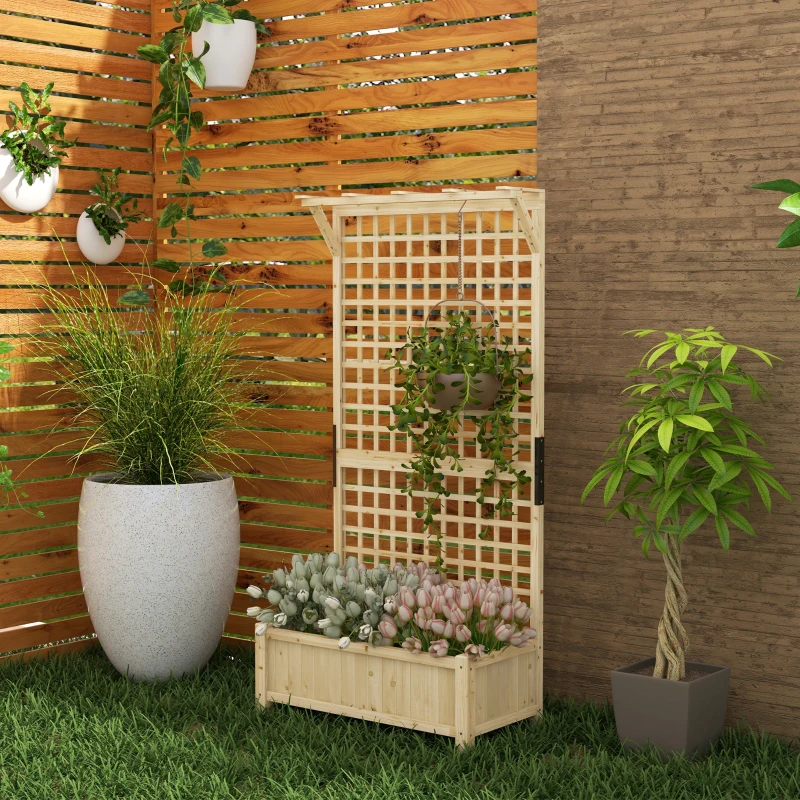 Outsunny Jardinieră cu Găuri de Drenaj, Ghiveci din Lemn cu Spalier pentru Plante Cățărătoare, Flori, Natural