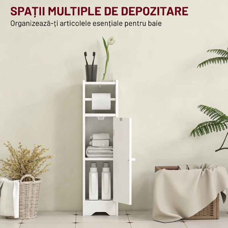 HOMCOM Dulap pentru Hârtie Igienică din Lemn cu Compartiment și Raft Reglabil, 21x20x79 cm, Alb
