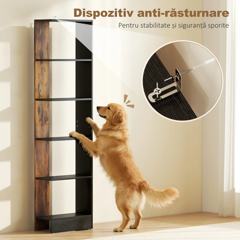 HOMCOM Bibliotecă Modernă Economisitoare de Spațiu cu 5 Rafturi din Lemn, 45x21x170 cm, Maro și Negru