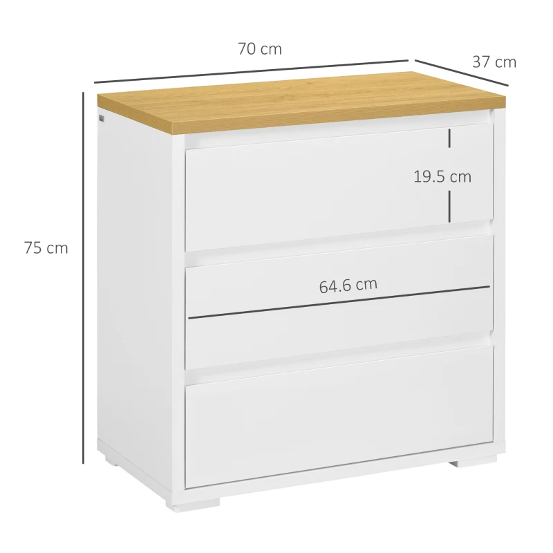 HOMCOM Comodă cu 3 Sertare din PAL Alb pentru Dormitor, Birou și Living, 70Lx37x75cm