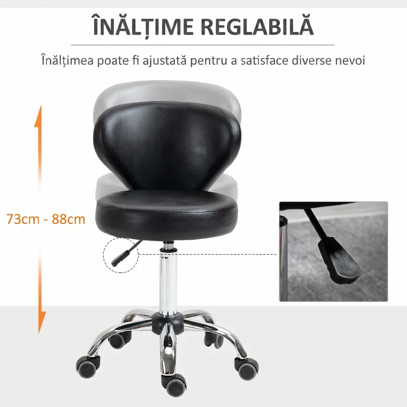 HOMCOM Taburet Rotativ 360° Reglabil, Taburet Cosmetic cu Spătar, din Oțel și Piele Ecologică, Negru