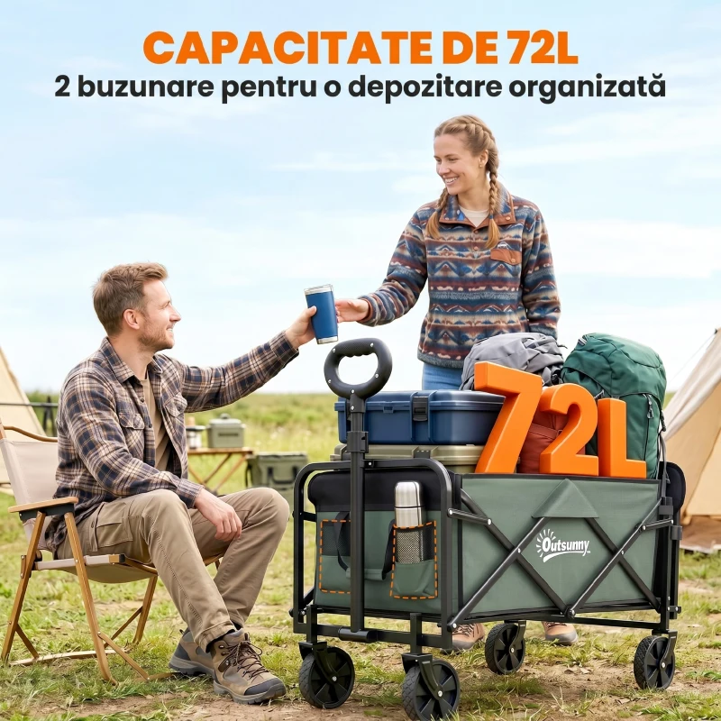Outsunny Cărucior de Grădină Pliabil 72L cu Panou Rabatabil, din Oțel și Poliester, 76x48x65-92 cm, Verde