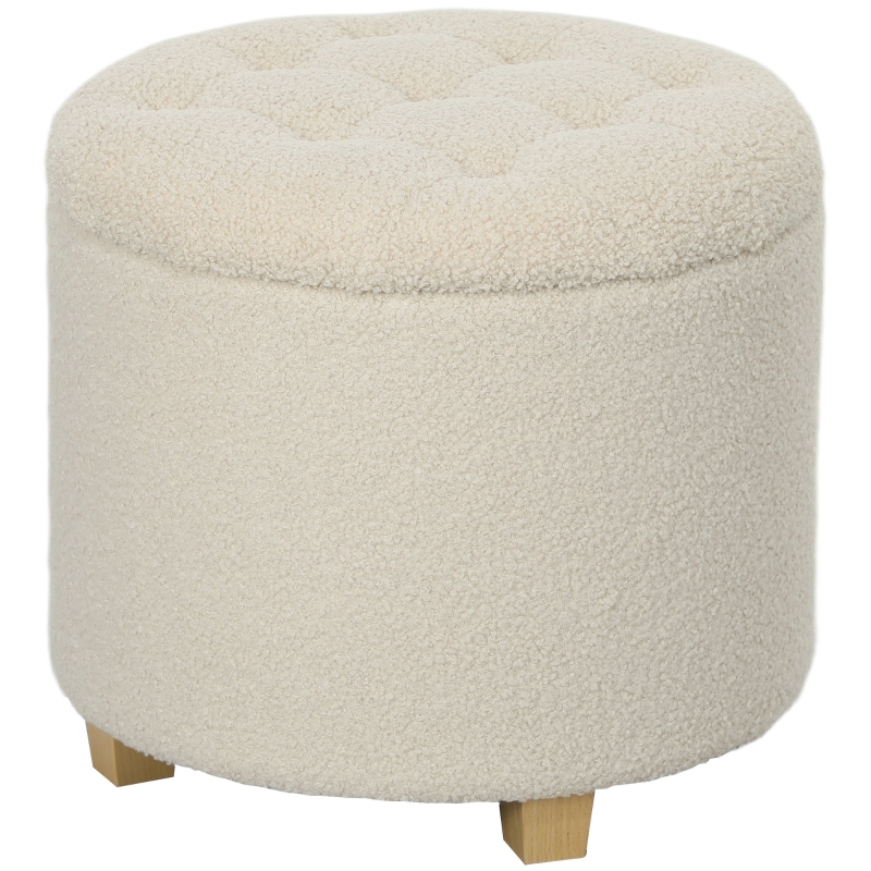 HOMCOM Runder Sitzhocker mit Stauraum, Deckel und Holzbeinen, Fußhocker für Wohnzimmer, Flur, Schlafzimmer, Cremeweiß