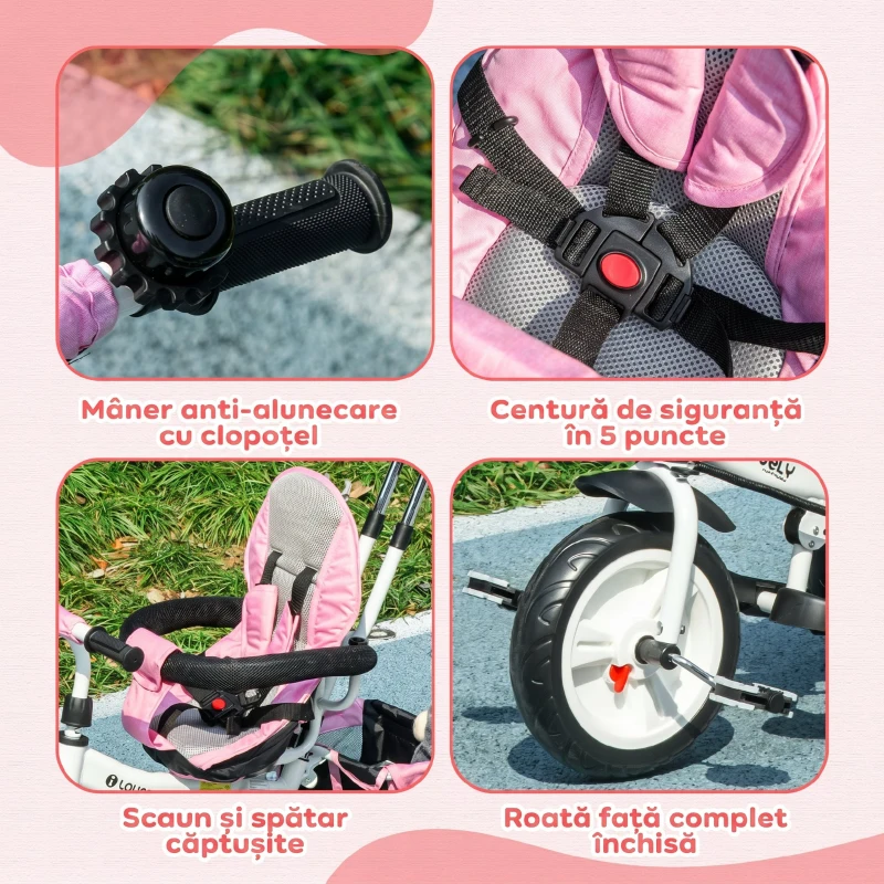 HOMCOM Triciclu pentru Copii cu Mâner 6 în 1, Copertină Reglabilă și Centură de Siguranță, Vârsta 1-5 Ani, Roz