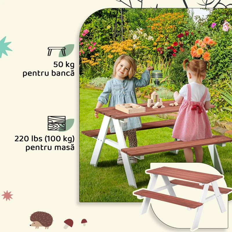 Outsunny Set Masă de Picnic și Bănci pentru Copii din Lemn, Vârsta 3-8 Ani, Maro