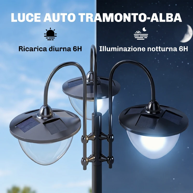 Outsunny Lampione Luce Solare per Esterno (60x55x189 cm) Accensione/Spegnimento Automatici, con 3 Lampade a Led