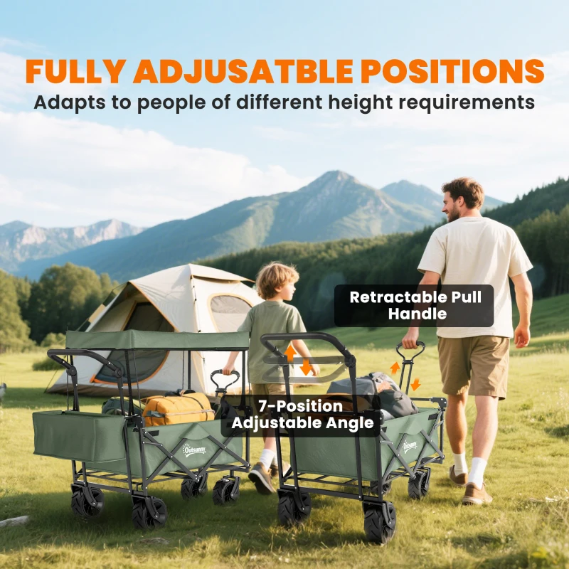 Outsunny 180L Festival Trolley on Wheels, Push & Pull Beach Cart with Removable Canopy, Wide All-Terrain Wheels, Folding Camping Trolley Cart, Adjustable Handle for Garden Fishing Shopping, Green