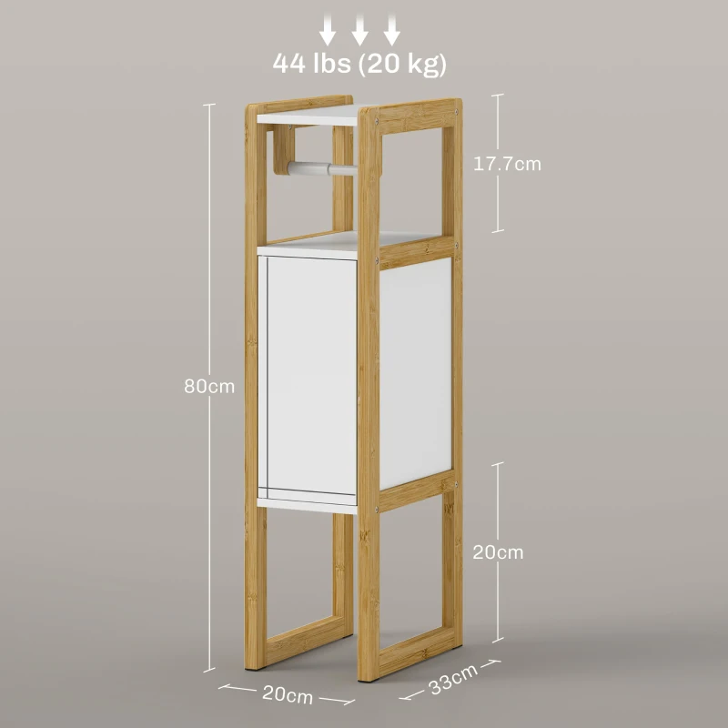 HOMCOM Dulap de Baie Economisitor de Spațiu cu Suport pentru Hârtie Igienică, Dulap și Raft din Bambus, 20x33x80cm, Alb