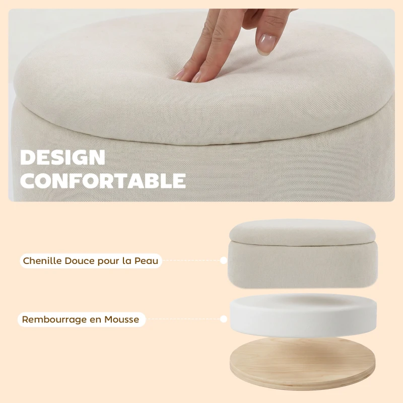 HOMCOM Pouf de Rangement en Chenille avec Couvercle, Tabouret Rond pour Salon et Chambre, Beige