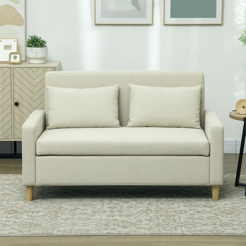 HOMCOM Sofá de 2 Plazas Tapizado en Lino Sintético con Espacio de Almacenaje 2 Almohadas y Patas de Madera 135x71x84 cm Beige
