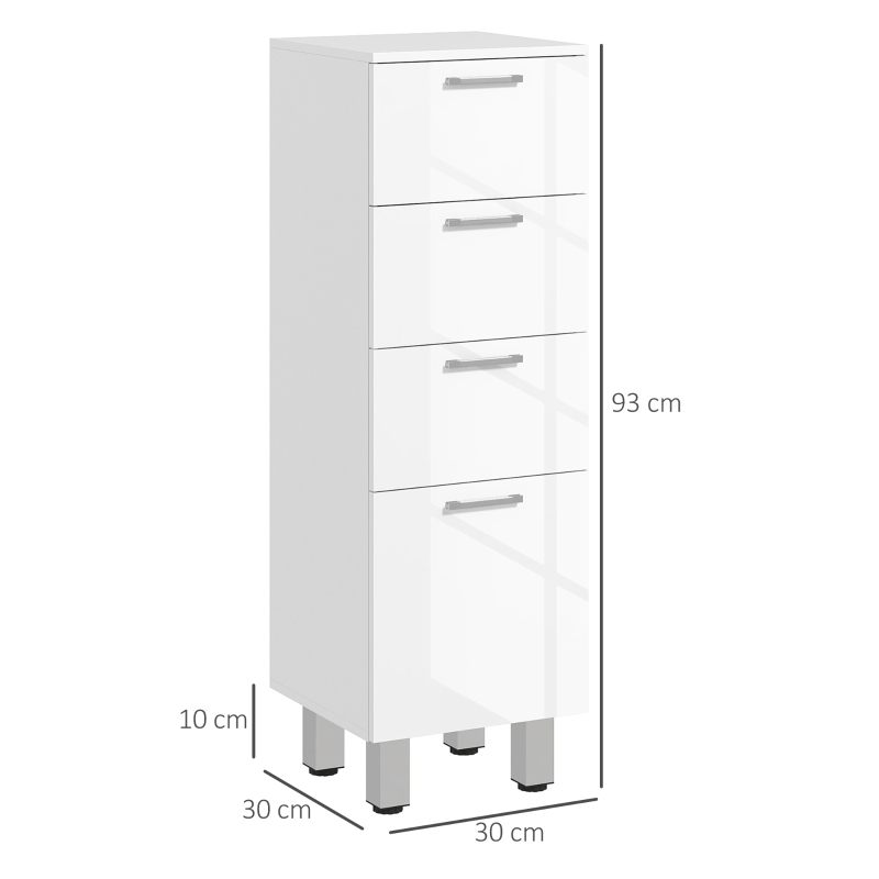 kleankin Mobiletto Bagno in Truciolato con 4 Cassetti e Base Rialzata, 30x30x93 cm, Bianco