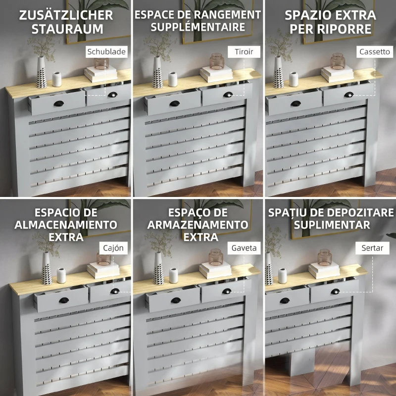 Acoperiș HOMCOM pentru Calorifer din MDF cu Grilaj și 2 Sertare, 111x19x95.5 cm, Gri