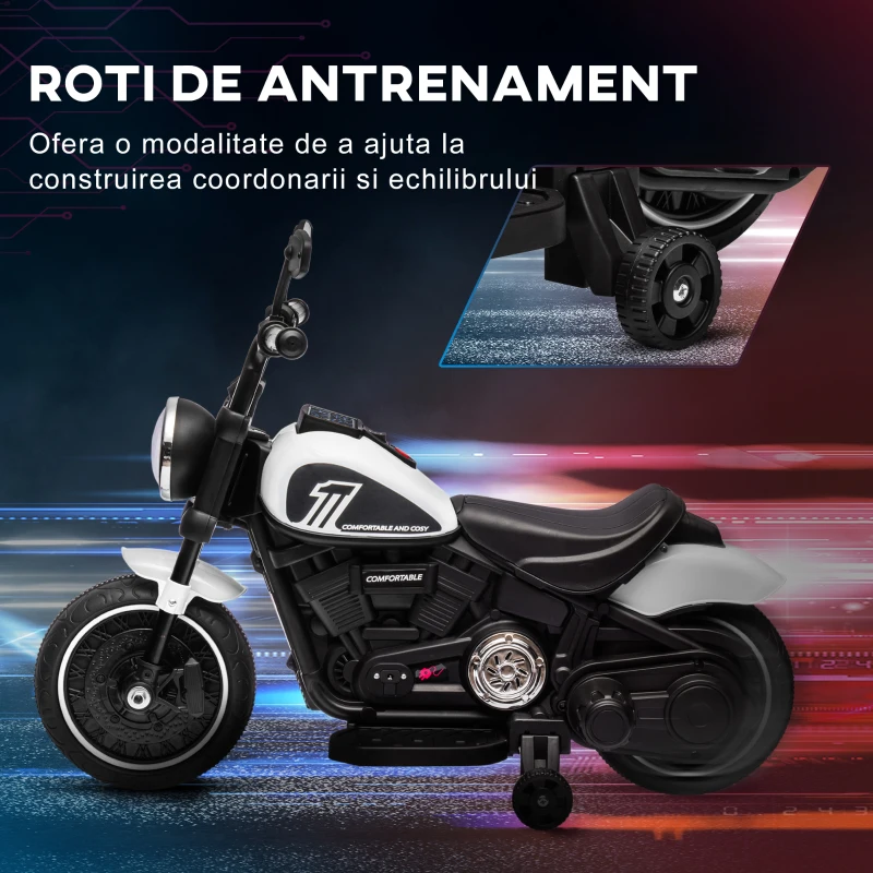 HOMCOM Motocicletă Electrică pentru Copii 18-36 Luni cu Roți Ajutătoare și Far, 76x42x57 cm, Alb și Negru
