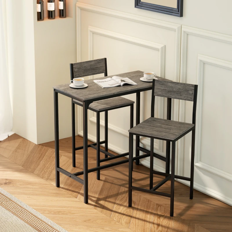 HOMCOM Ensemble table de bar avec tabourets, table à manger debout avec 2 chaises de bar, repose-pieds et dossiers, gris
