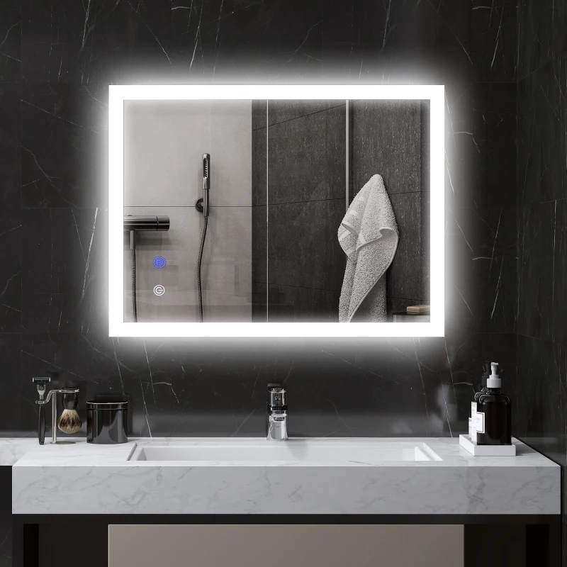 kleankin Oglinda de Baie Iluminata 800 x 600 mm cu Iluminare din Spate cu Lumini LED, Oglinda de Baie de Perete cu 3 Lumini, Intrerupator Tactil Reglabil, Folie de Dezaburire, Orizontala/Verticala