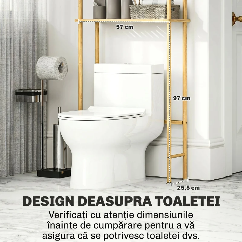 HOMCOM Dulap deasupra WC-ului cu 3 rafturi cu lamele economisitoare de spațiu din bambus, 63,5x25,5x181 cm, culoare lemn