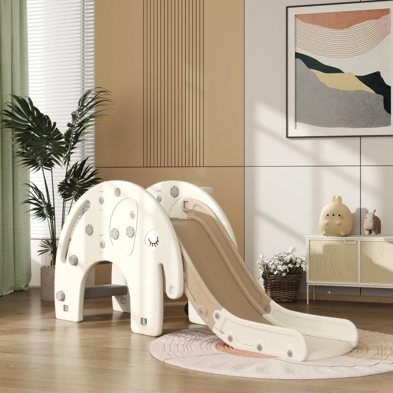 AIYAPLAY Tobogan pentru Copii de Interior 3în1 cu Coș de Baschet și Design de Elefant, Vârsta 1-3 Ani, Alb Crem